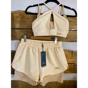 BO+TEE beige layered shorts and strappy sports bra set size small